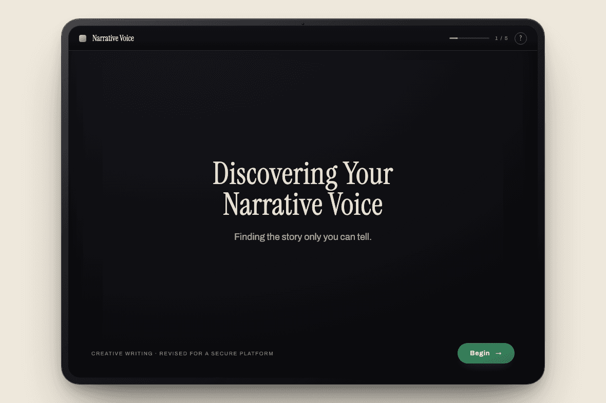 The Discovering Your Narrative Voice course on a tablet title screen.