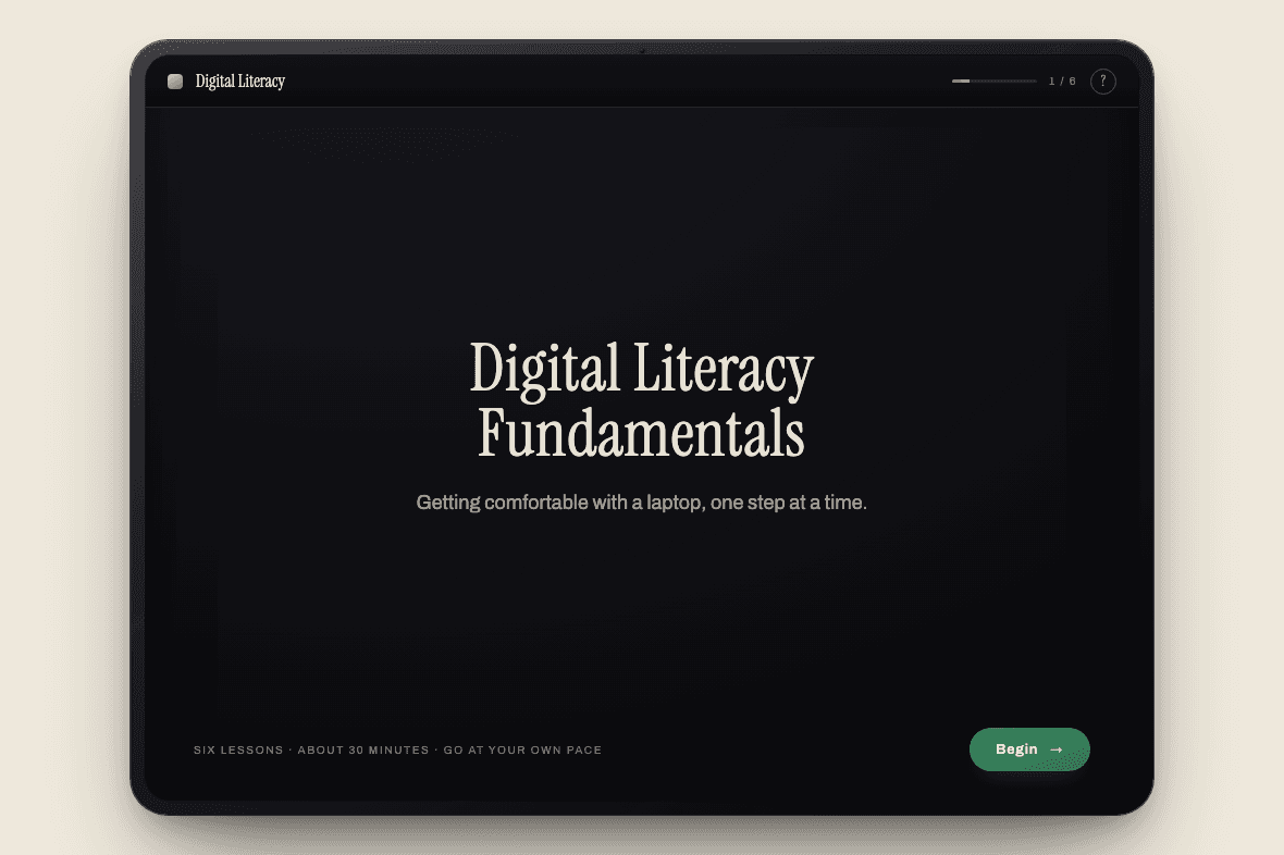 The Digital Literacy Fundamentals course open to its title screen on a tablet.